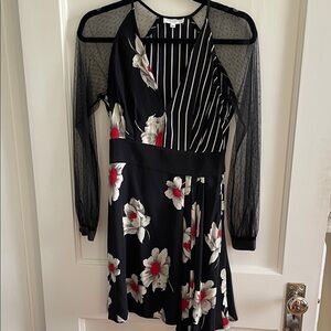 Equipment Silk Floral Black & White Mixed-Print Dress with Sheer Sleeves